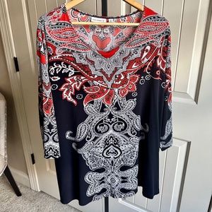 Susan Graver Plus Size Dark Orange/White/Navy Paisley Tunic 3x